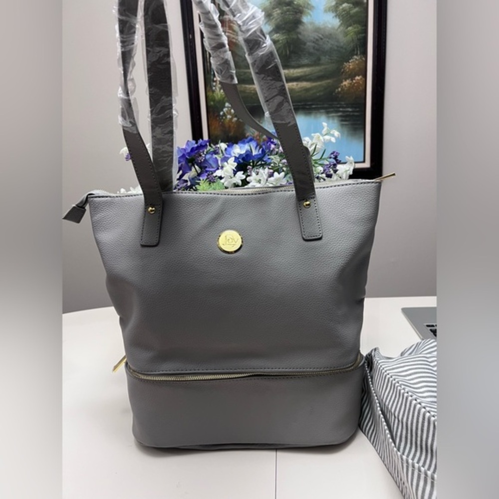 Joy Mangano Smart & Gray Double Decker Gray Gold Tone Large Tote Bag